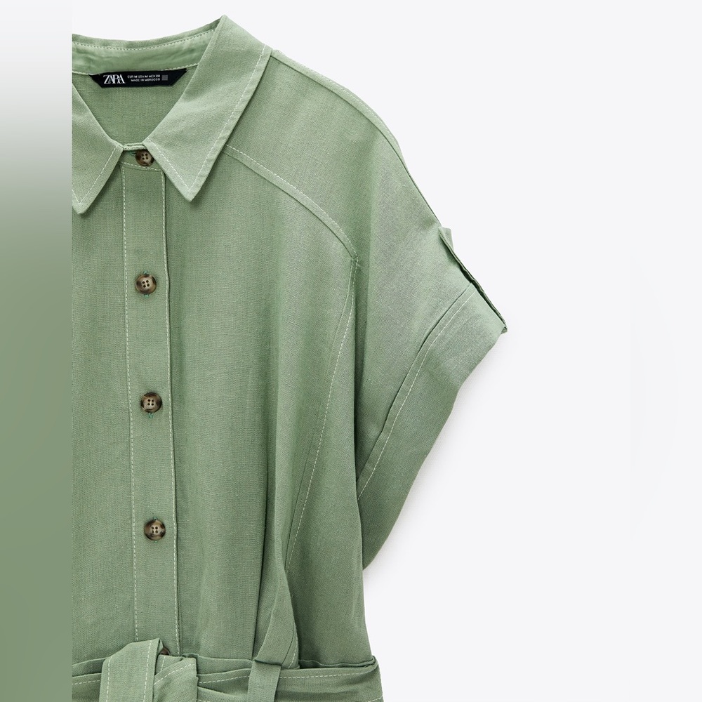 Zara Linen TOPSTITCHED Short JUMPSUIT Romper w/ Belt Green Size XS NEW - Picture 8 of 8